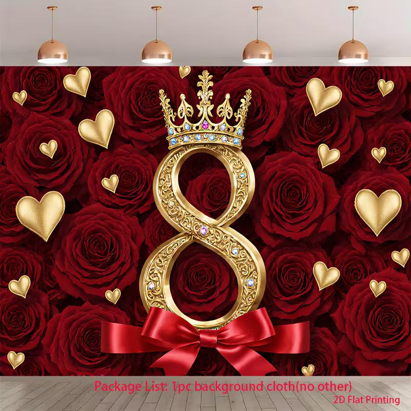 

2D Red Rose & Gold Hearts 8th Birthday Backdrop, Girl Birthday Party Decoration 47.2x31.5inch/120*80cm
