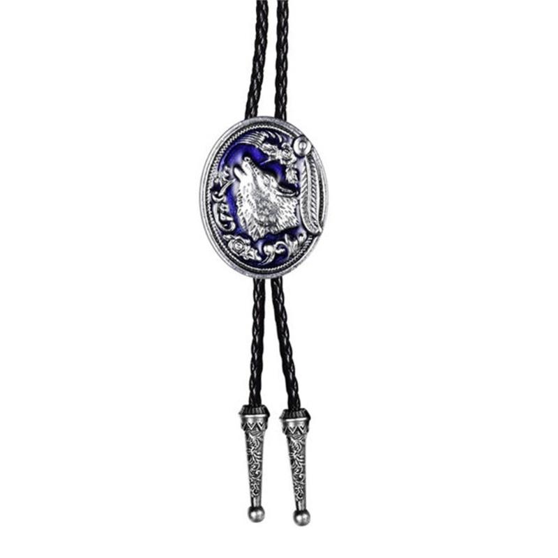 Metal Wolf Bolo Tie Wolf Necktie for Shirt Jeans Western Necklace Braided Shoestring Necktie Bolo Tie