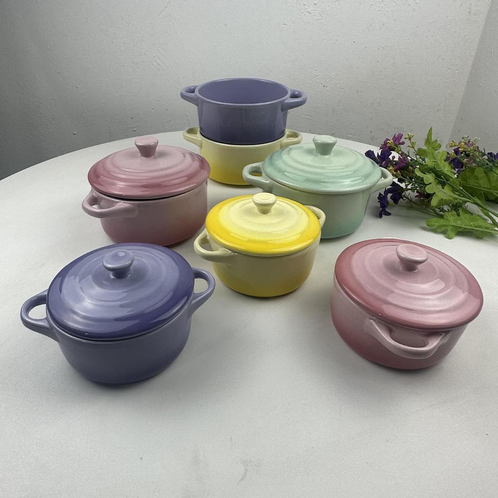 Gradient Ceramic Underglaze Stew Pot with Lid - Double Ear Bowl for Soup, Stews, or Steamed Eggs