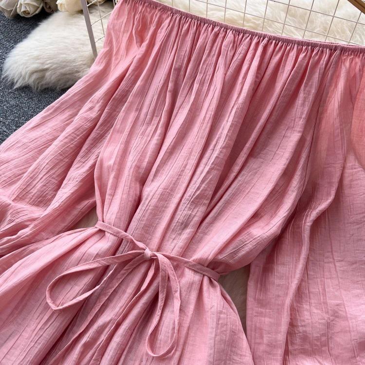 Dolce Abito da Donna Aderente A-line Scollo Bardot Maniche a Lanterna Vita con Fascia Raccoglitore Pizzo Giuntato Abito Lungo