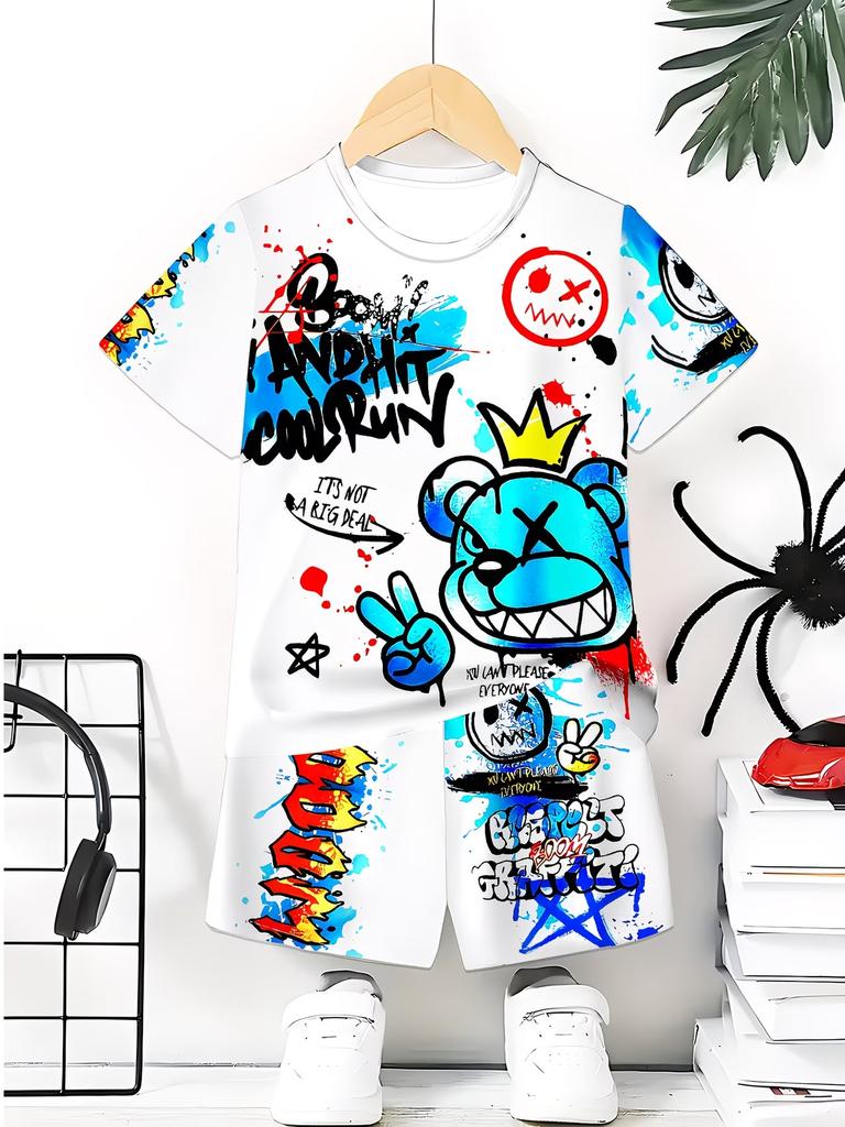 Crewneck T-Shirt + Shorts Set Graffiti Style Allover-Print Lässig Streetwear Kinder Tägliche Spielkleidung Alter 1-14