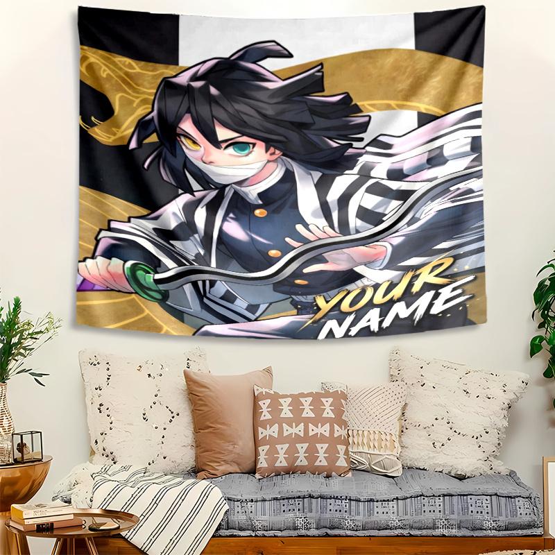 Iguro Obanai Tapestry with Custom Name Wall Hanging Room Background Cloth Home Decor Beach Mat Yoga Mat Sofa Bed Sheet