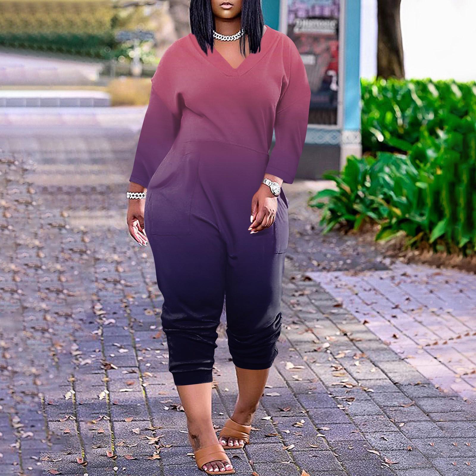 

Женский свободный повседневный комбинезон большого размера с v-образным вырезом и длинными рукавами с принтом и карманами M