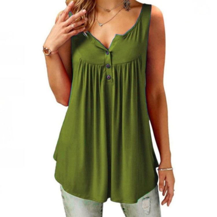 Summer 2020 Women's Solid Color Ruched Sleeveless Casual Mid-Length Button Vest T-Shirt