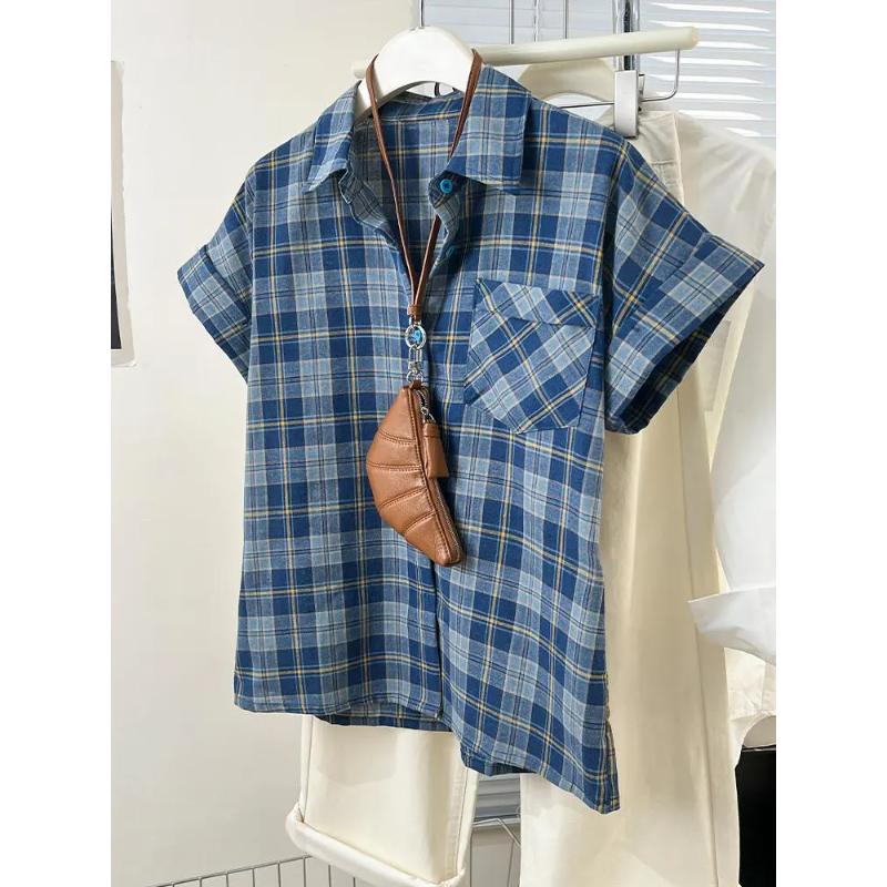 Летняя женская синяя клетчатая рубашка с коротким рукавом, карман, повседневная блузка M