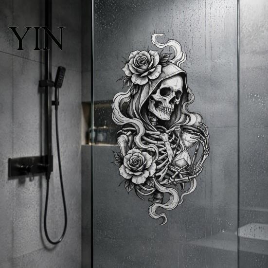 Autocolant de sticlă personalizabil Schelet și Trandafir Halloween Static Window Clings, Craniu Schiță Detașabil și Film Ușor de instalat Autocolant Floare, PVC Impermeabil