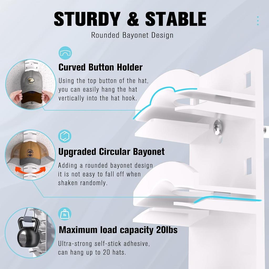 Hat Organizer for Baseball Caps Hat Rack for Wall with Strong Adhesive Hat Hanger Holder Display for Door Closet Cap Organizer Cap Organizer Storage