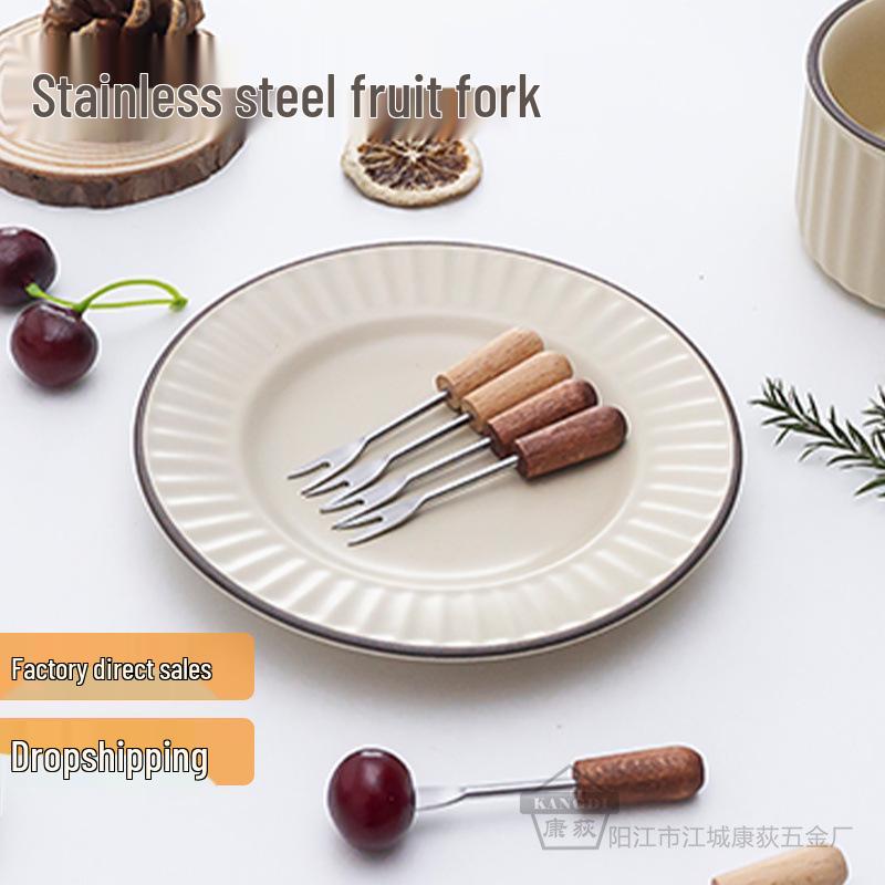 Wooden Handle Mini Stainless Steel Fruit Fork - Japanese Tableware Mixed Wood Handle - 1 Piece Price