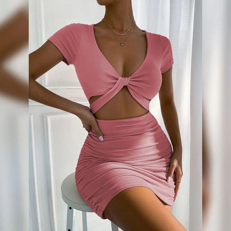 

Sexy V-neck Waist and Hip Revealing Dressv Collar Midriff Outfit Sheath Dress Pink XL(XL)
