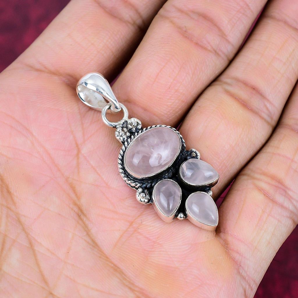 Jóias de quartzo rosa, pingente de prata esterlina sólida 925, joias artesanais com pedras preciosas, presentes para esposa, pingente novo