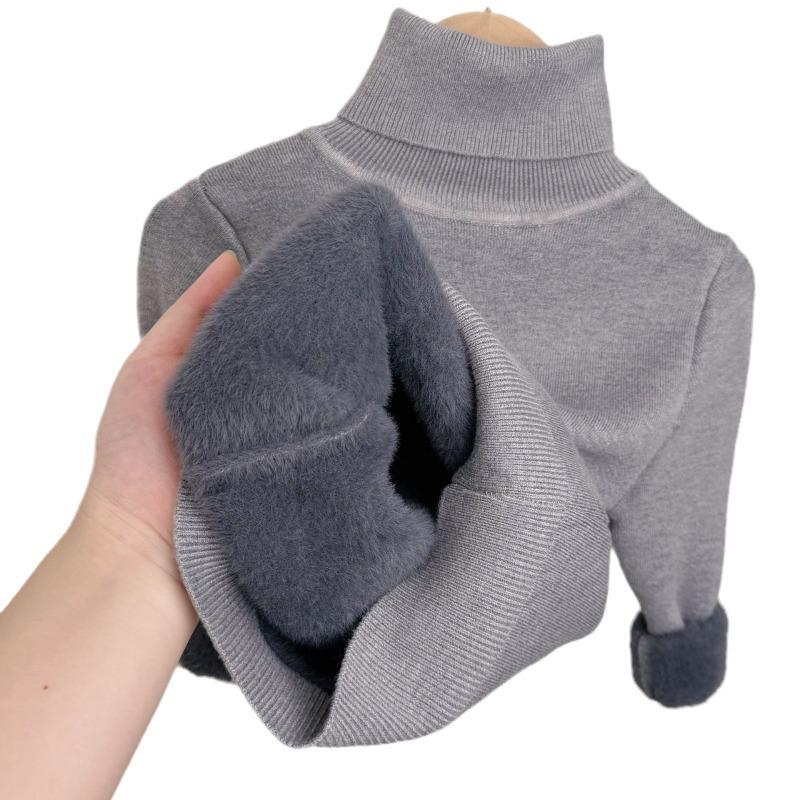 Girls Thick Fleece Lined High Neck Knitted Sweater Kids Winter Warm Bottoming Top