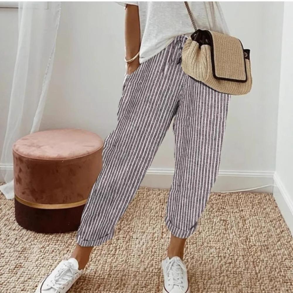 Women s Drawstring Waist Striped Wide Leg Pants Casual Loose Trousers with Pockets S