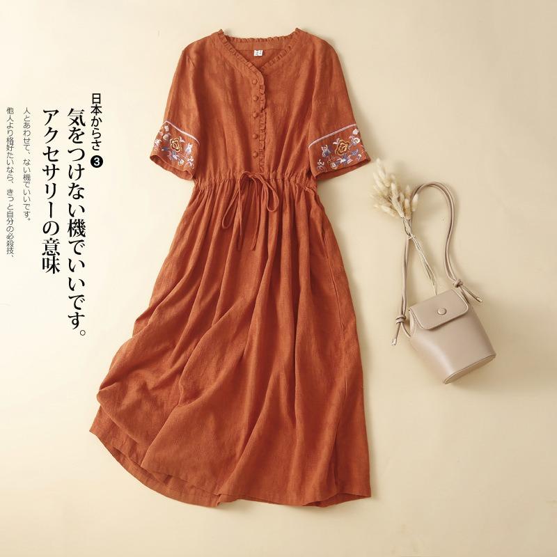 Ethnic Style Linen Cotton Embroidery Dress Summer Long Over Knee Linen Temperament Long Skirt Loose Mori