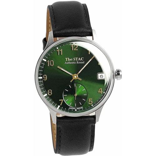 

The STAC Japanese-made wristwatch, 36mm, classic green with a black leather strap, antique retro design, unisex for men and women.