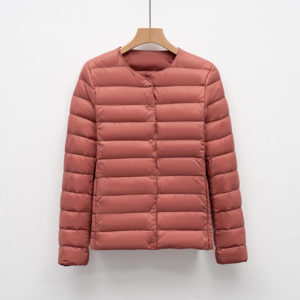 Women's Short Round Neck Warm Jacket - Solid Color Long Sleeve Down Liner for Autumn and Winter.