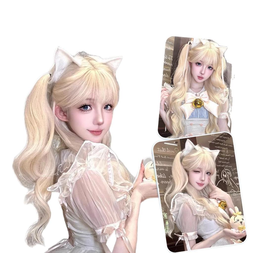 Milky White Gold Long Curly Wig with Bangs – Big Waves, Sweet Lolita Style for Daily Wear
