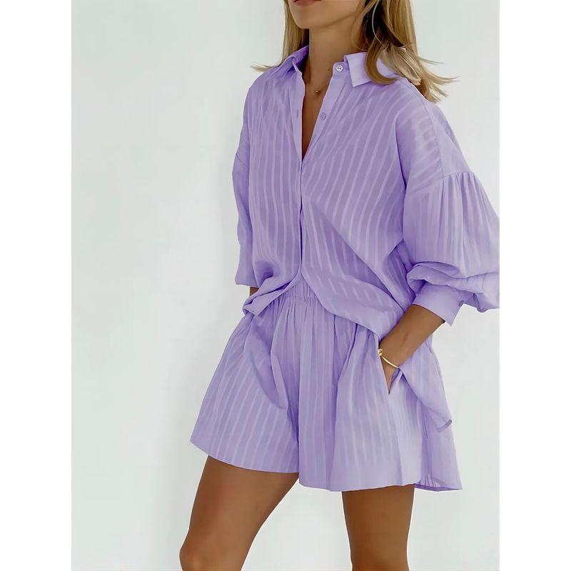 Striped Bubble Sleeve Shirt Shorts Set Stripes Puff Sleeve Shirt Shorts Suit