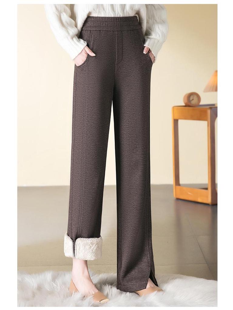 Women's Wool Blend Elastic Waist Pants: Straight, Narrow, and Wide Leg - Slimming, Plus Velvet, Plus Thick, Winter 2024 Style, Casual and Long.