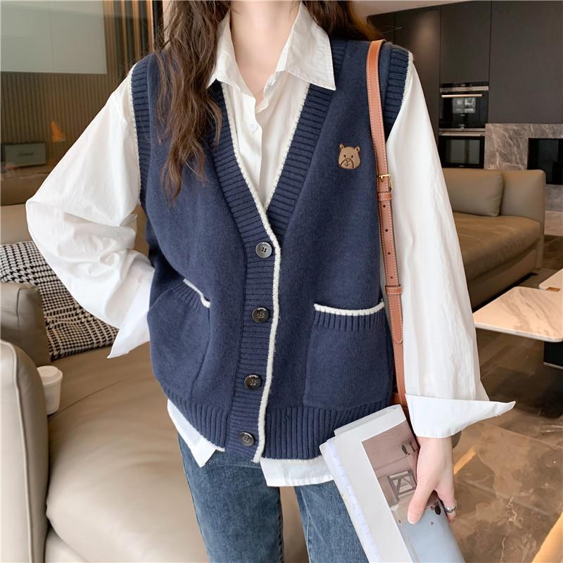 

Осенний женский вязаный жилет женский новый весенне-осенний жилет женский многослойный популярный верхний one size fits all тёмно-синий