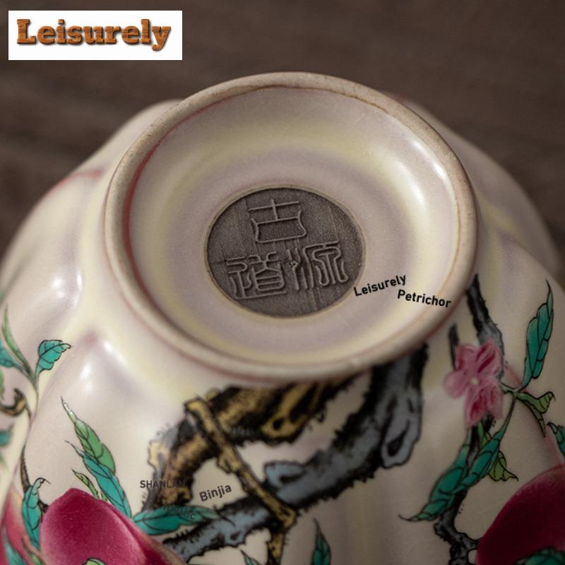 Hand Painted Nine Peach Ru Kiln Flower Mouth Teacup Ancient Tea Bowl Jug Tea-tasting Meditation Cup Jianzhan Master Cups Craft