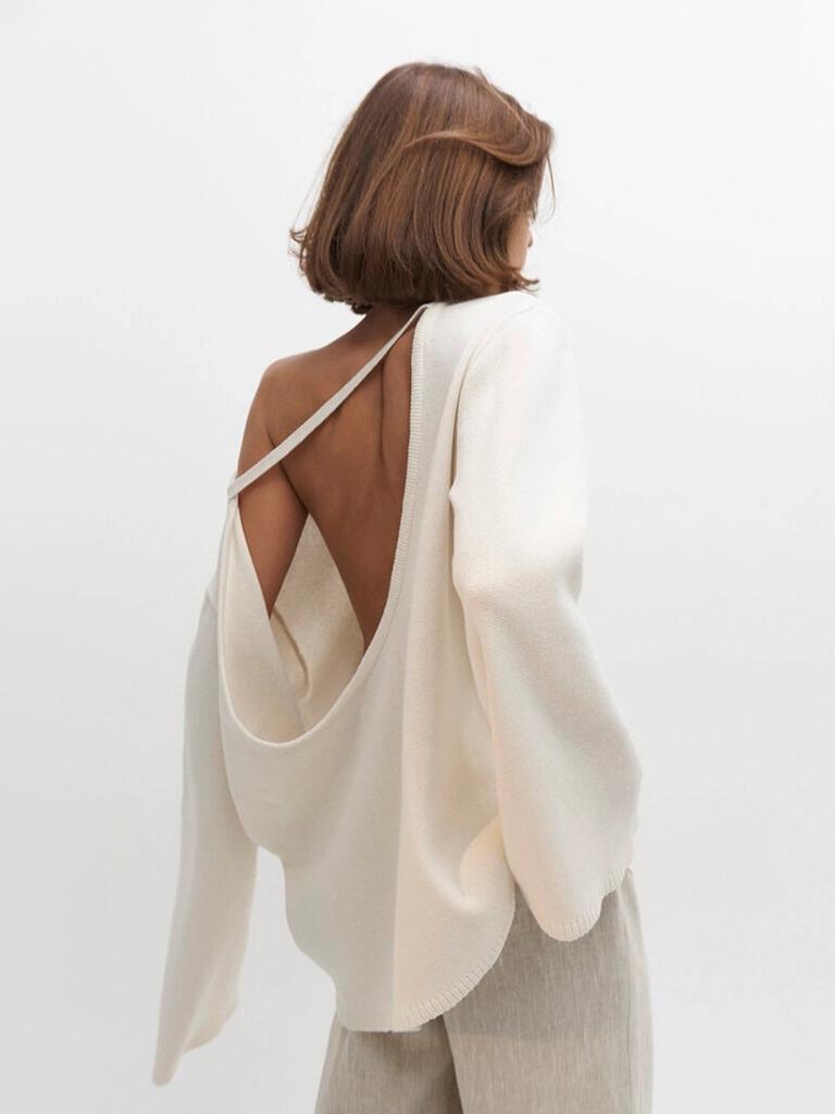 2026 Fall Winter Cotton Pullover Sweater Loose Fit Lazy Style Backless Knit Top for Women