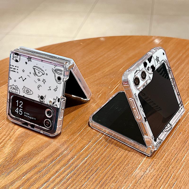 2pcs Astronaut Pattern Folding Shell For Samsung Galaxy Z Flip6 Flip5 Flip4 Flip3 Planet Clear Shockproof Slim Phone Case Cover