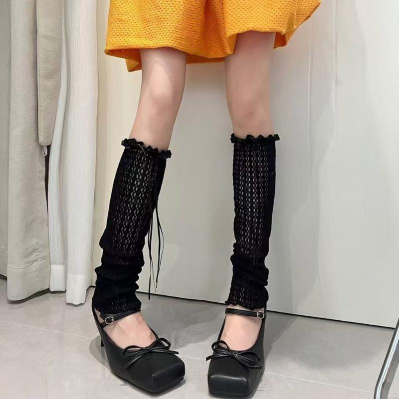 Hollowout Fishnet Lace Leg Warmers Arm Sleeves for Women Aesthetic Sheer Mesh Leg Covers with Ruffle Trim and Bowknot