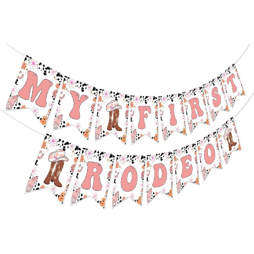 My First Rodeo 1st Birthday Banner, Western Cowgirl Theme, Pink Daisy Flower, Cardstock Banner for 1 Year Old Girl's Birthday Party Decorations