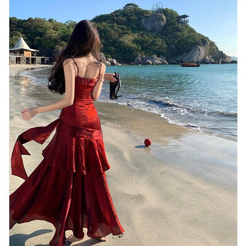 Meerjungfrau Ji rote Rüschenkante High-End rotes Kleid Bar-Mizwa Bankettkleid Brustpolster