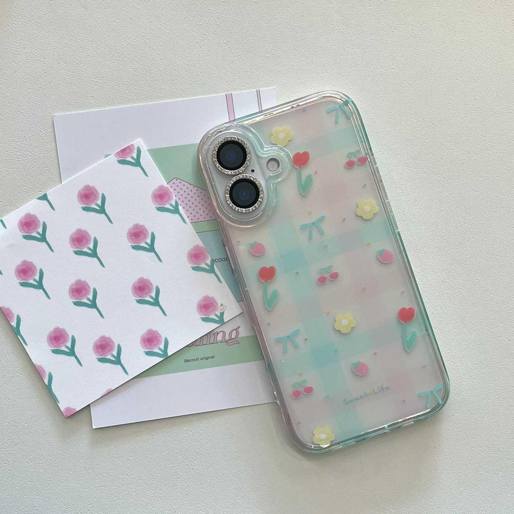 Spring Floral Transparent Plaid Chain iPhone 16/17 Pro Max/15/14 Case for Women