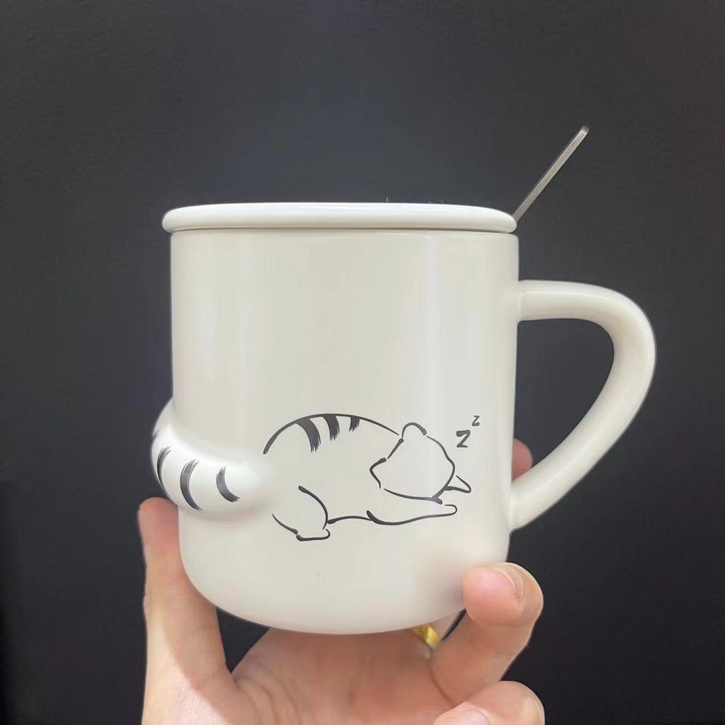 Creative and Simple Embossed Lazy Cat Ceramic Cup Office Home Girls' Drinking Water with Covered Spoon Milk Coffee Mug