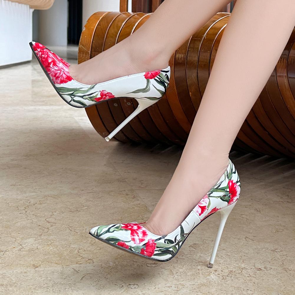 

New fashion rose flower sexy single shoes shallow mouth high heels steel tube stiletto 3D color printing 35