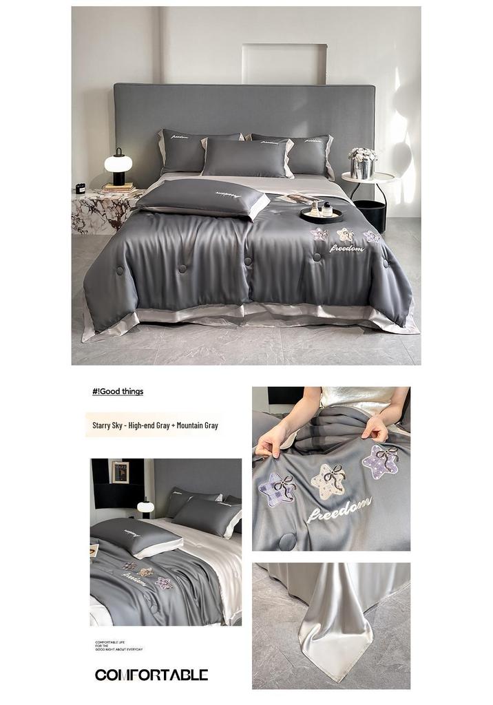 Class A Ice Silk Water Washable Summer Quilt Set - Naked Sleep Embroidery, Thin Blanket, Air Conditioning Quilt, Four-Piece Gift.