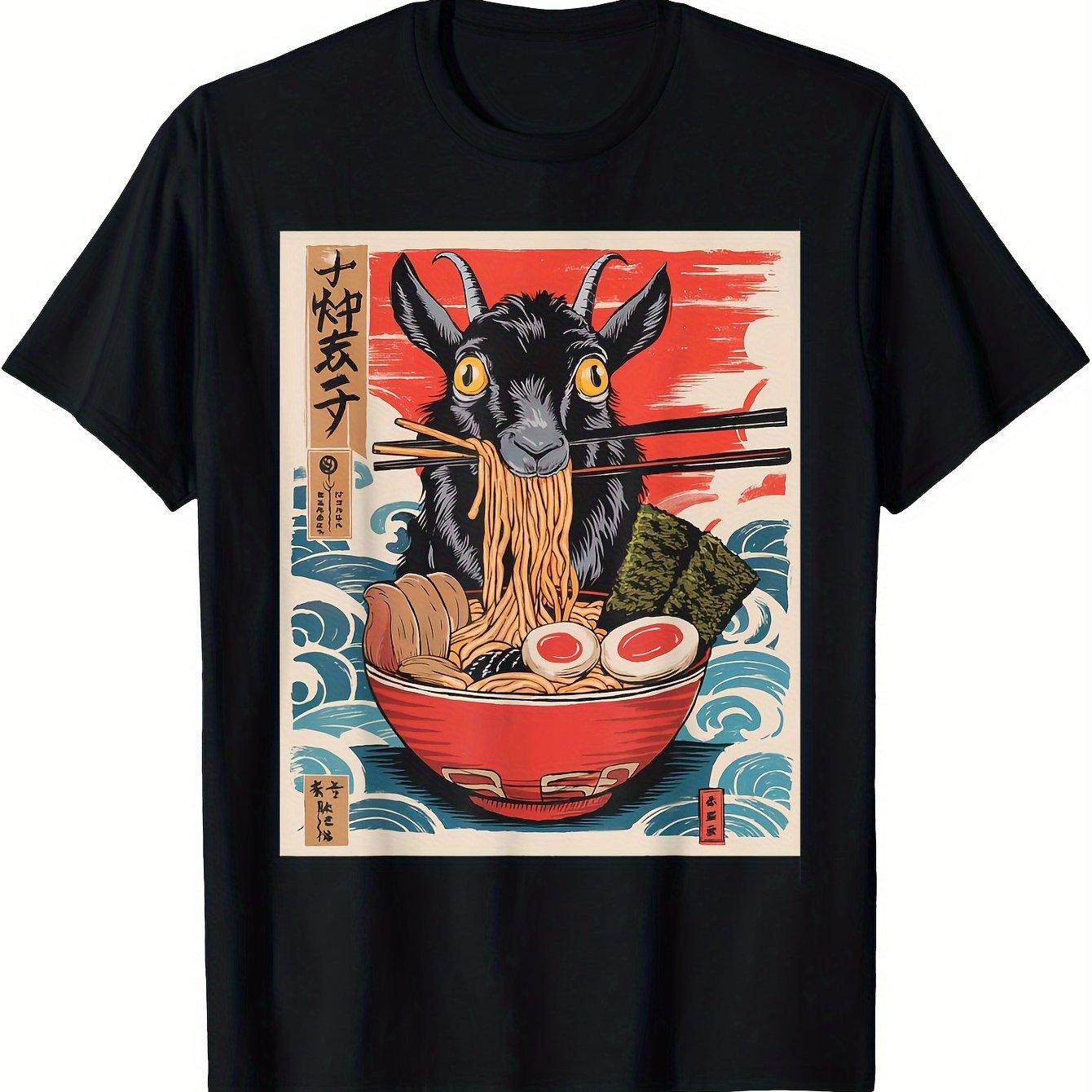 

Ukiyo E Goat Eating Ramen Graphic Tee Japanese Style Men Casual Short Sleeve Cotton T-Shirt 4XL