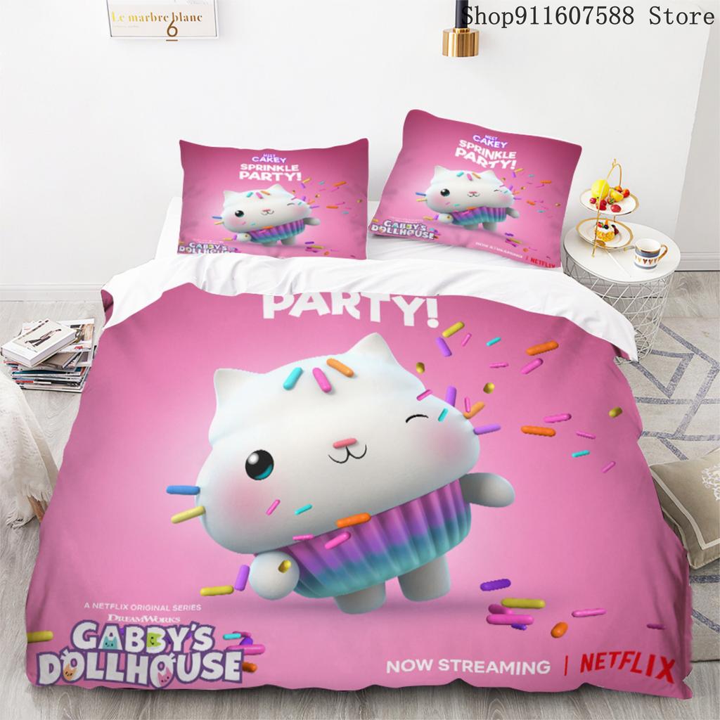 Gabby's Dollhouse Bedding Set Kawaii Bed Linen Set Single Double Size Home Decor For Girls Kids Cartoon Cute Cat Duvet Cover Set