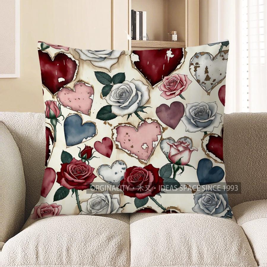 2D Rose & Heart Patterned Decorative Pillow Covers Pattern Cushion Cover Suitable For Sofa Bedroom Car Pillow Cover