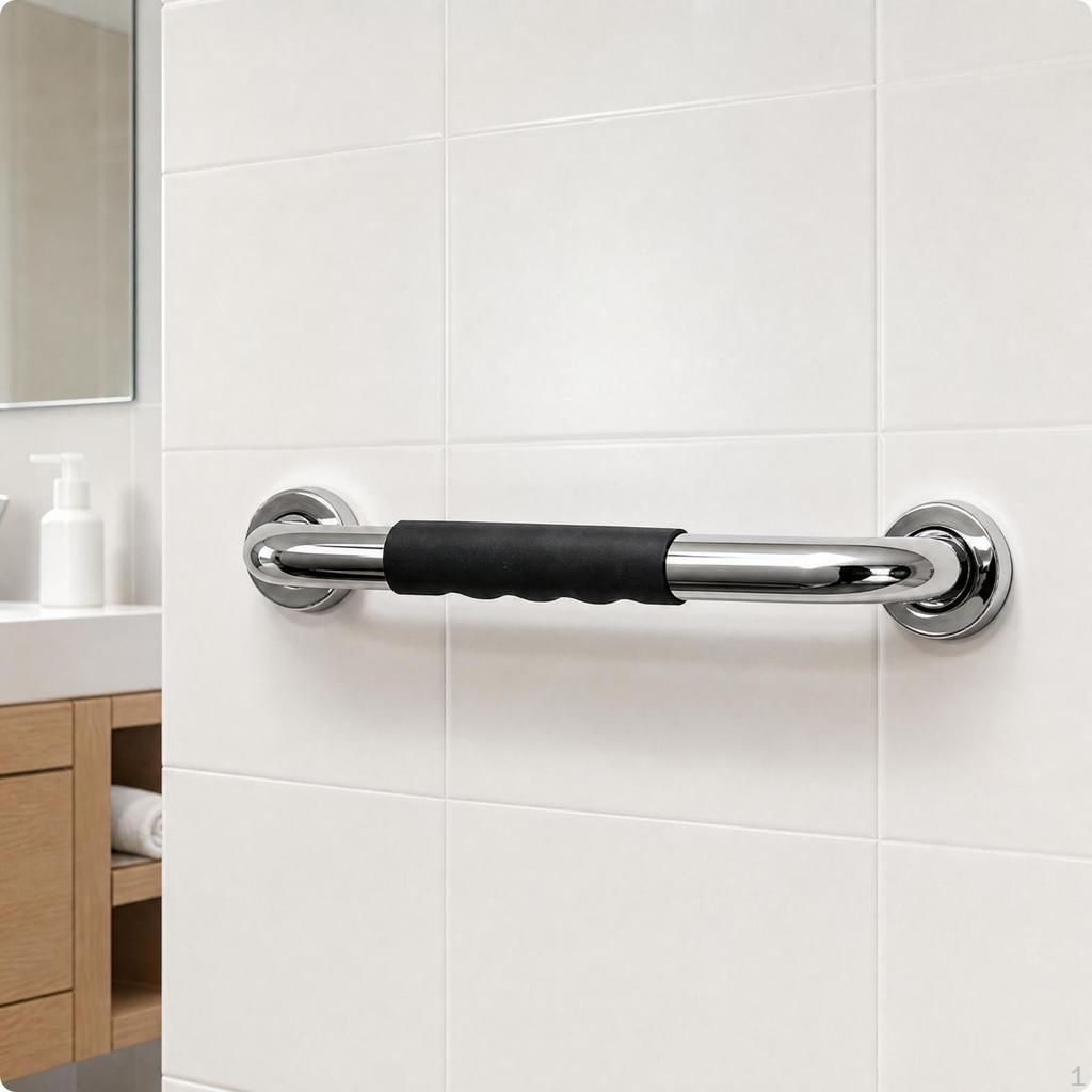 NonSlip Grab Bar with Silicone Grip | Ergonomic Finger Grooves, Polished Stainless Steel, Washroom
