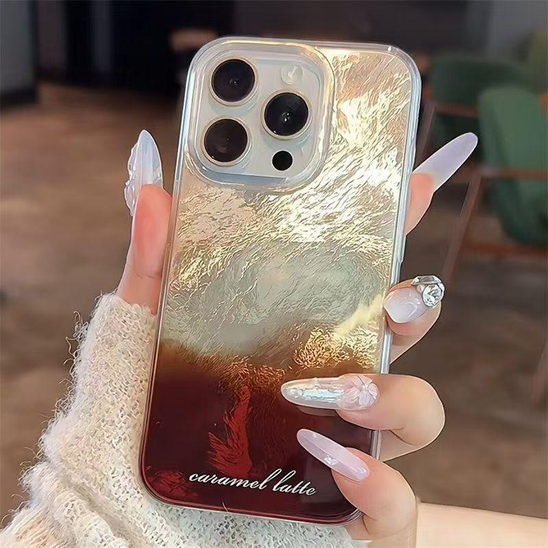 Luxuriöse Kaffeefarbene Mischhülle für IPhone 16 15 14 13 12 11 Pro Max 7 8 Plus X XS Max XR Farbverlauf Blattgoldmuster Hülle