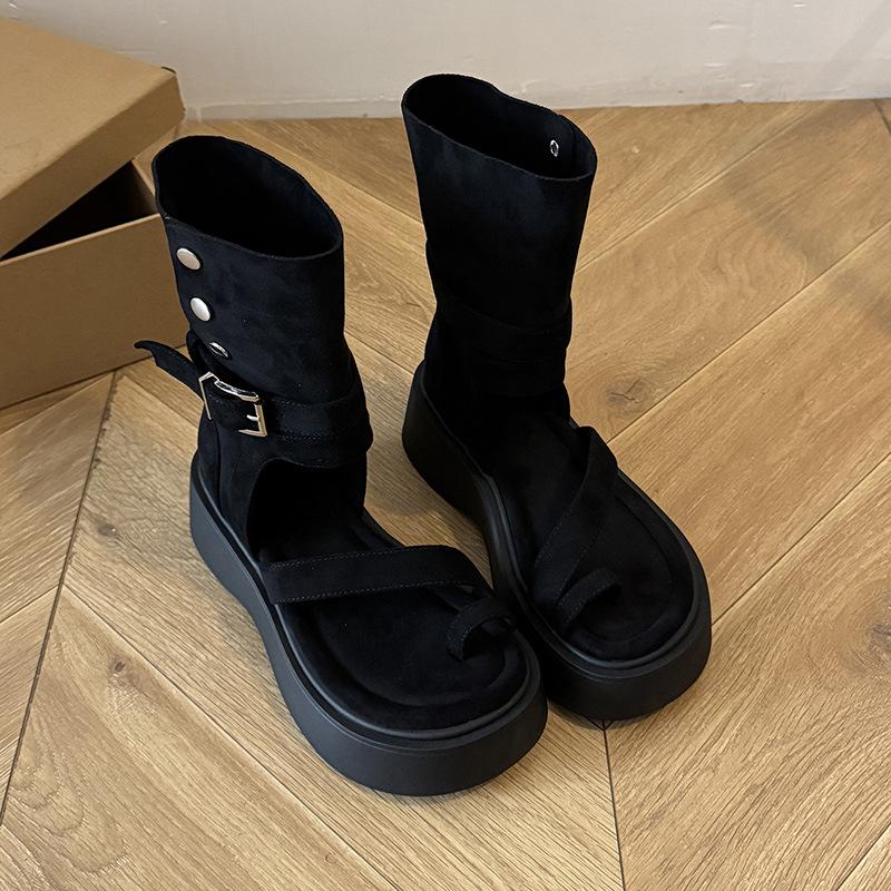 Thick-soled retro mid-top Roman sandals women's 2025 summer new Internet celebrity design sense niche toe heightening cool boots