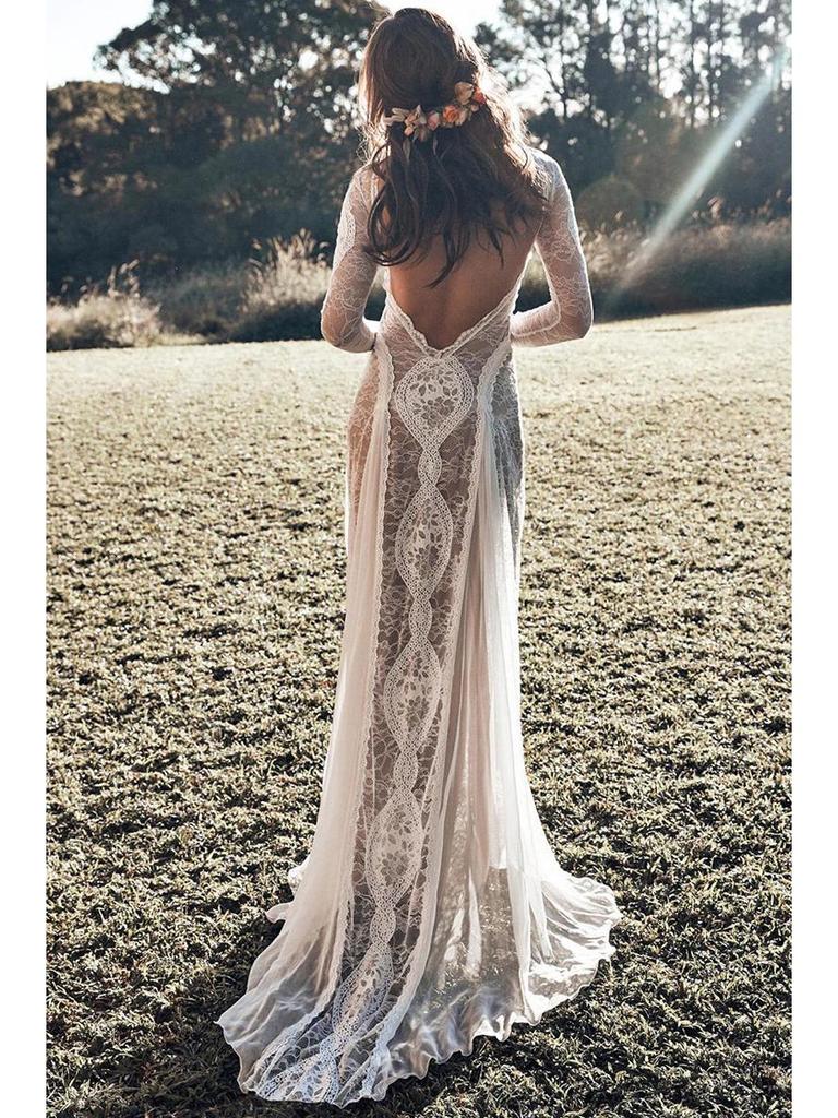 2025 Spring European & American Women's Celebrity Banquet Wedding Dress - Round Neck, Long Sleeve, Printed, Backless Lace