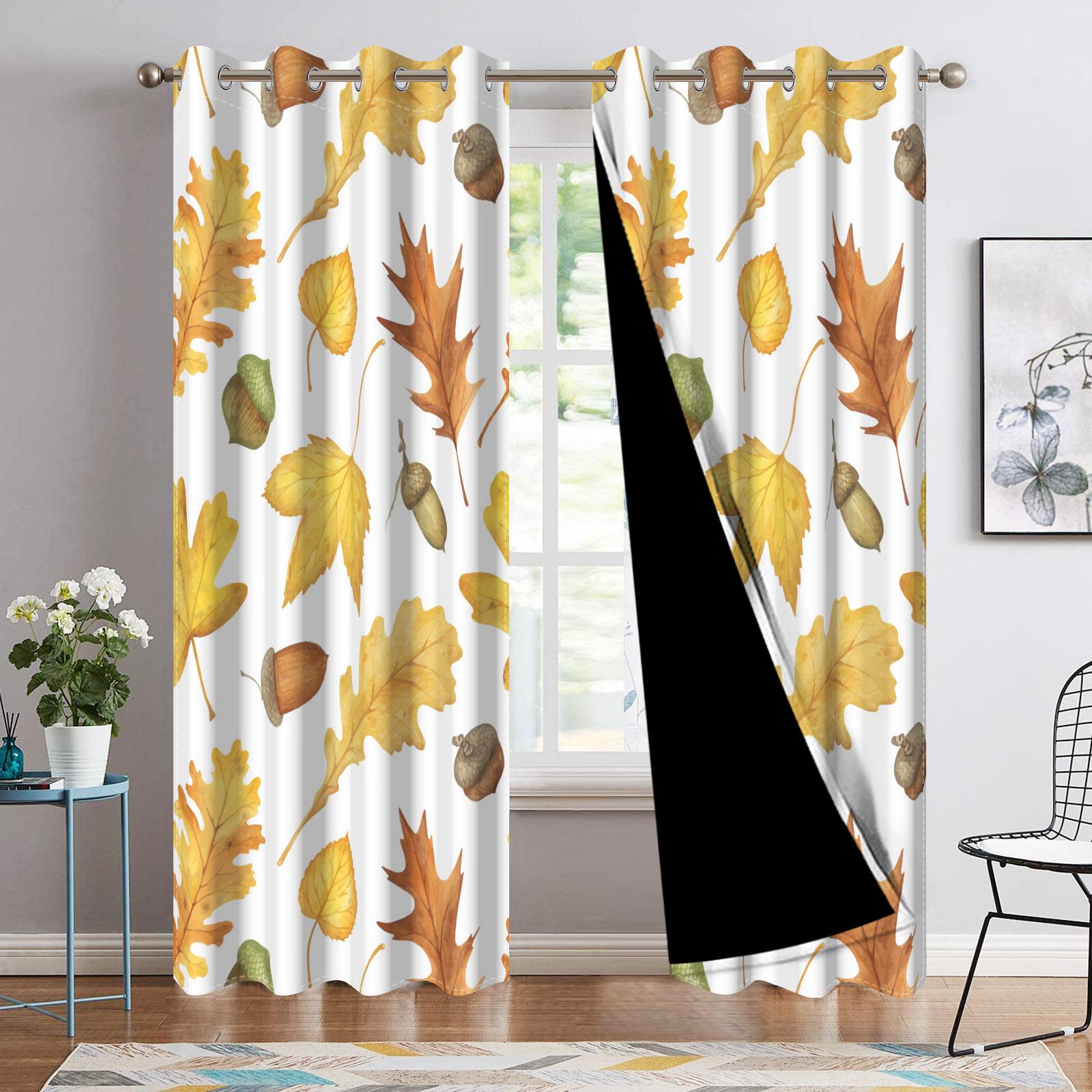 

Blackout Set Autumn Theme Window Curtains Fresh Yellow Leaves Pastoral Style Living Room Bedroom Decor Polyester Curtain Of 2 Made Washable Area Ready W100*H130(CM)-Rod Pocket&2PCS