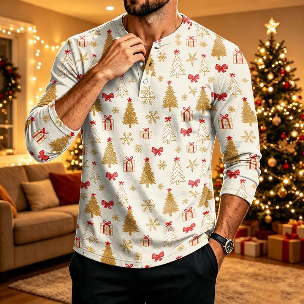 Men's Long Sleeve Shirt with Christmas Print for Holiday Casual Wear