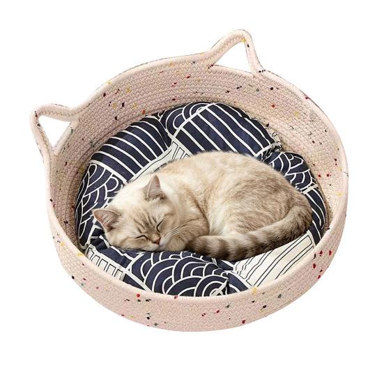 Cat Basket Bed with Cushion Cat Ear Cotton Rope Woven Pet Bed Breathable Cat Basket for Indoor Cats All Season Use