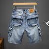Pantaloni scurți cargo din denim negru vintage pentru bărbați, cu buzunare multiple, largi, mărime mare, tineri, la modă, de vară, pantaloni de cinci puncte, pantaloni scurți elastici de lungime medie