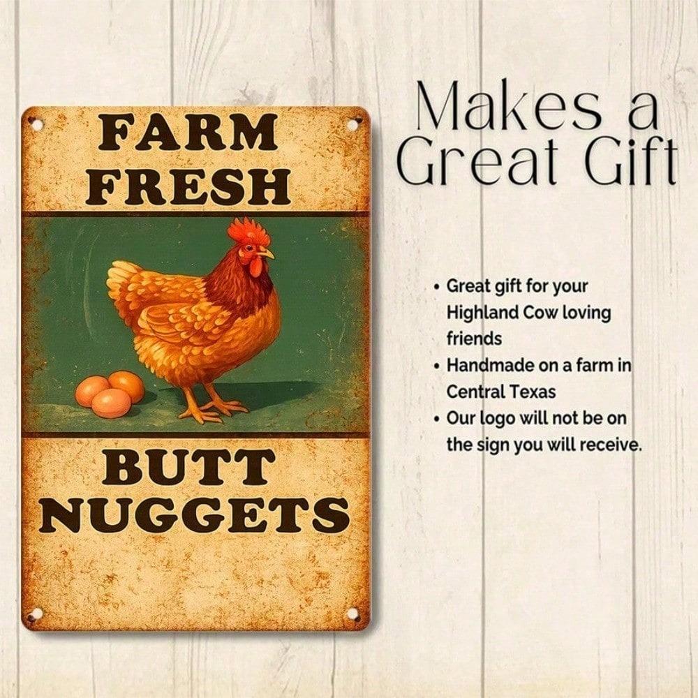 1pc Farm Fresh Butt Nuggets Tin Sign, Humorous Chicken Metal Wall Art, Funny Vintage Farmhouse Decor for Living Room
