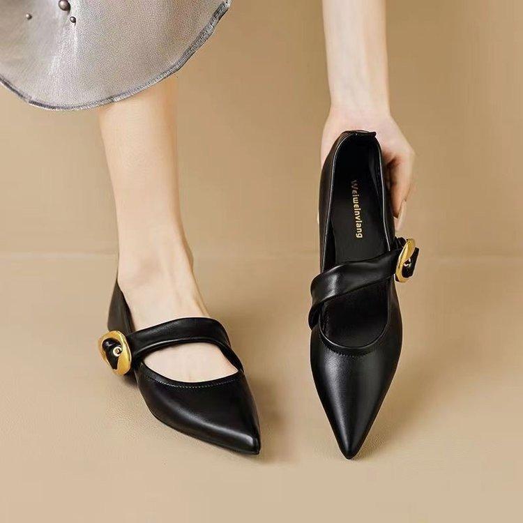 French retro Mary Jane shoes women's flat 2025 spring new one-word with pointed single shoes soft sole evening women's shoes