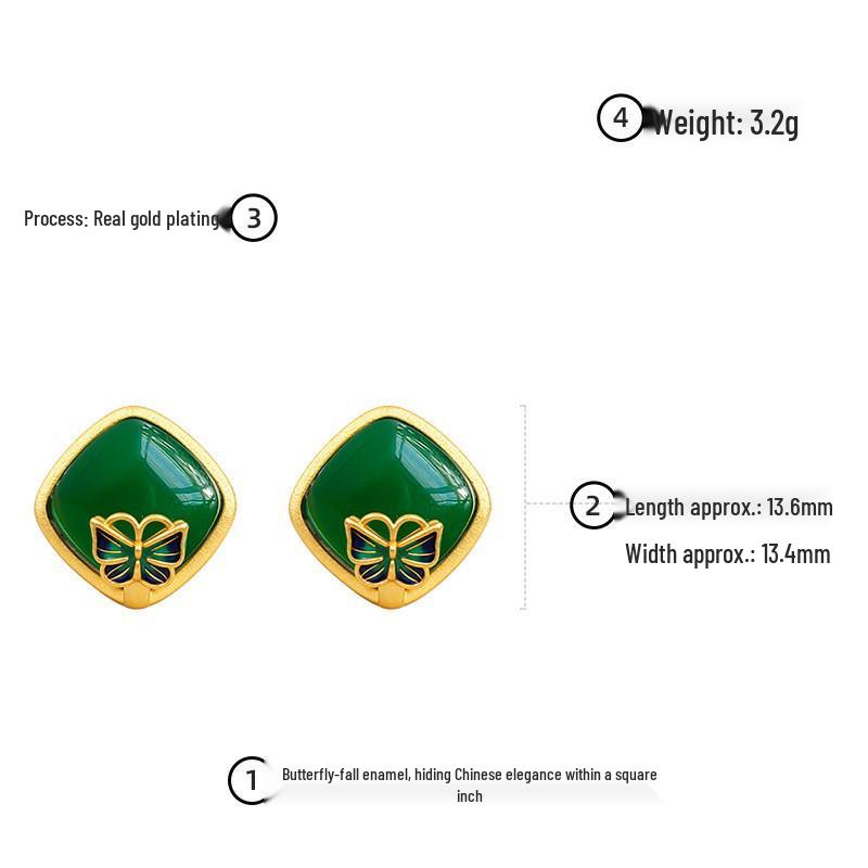 Gold-Plated Earrings with Silver Pins, Jade-Style Butterfly, and Sugar Square Inlay - Elegant, New Chinese Style.