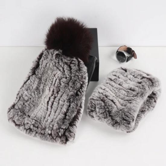 New Fashion Knitted Good Elastic Real Fur Scarf Hat Sets Women Winter Warm Natural Rex Rabbit Fur Scarves Hats Sets