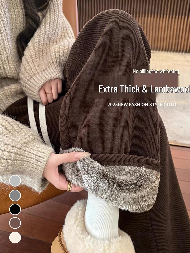 Women's High Waist Brown Velvet Corduroy Pants - Drape Wide Leg, Warm Lambswool Lining