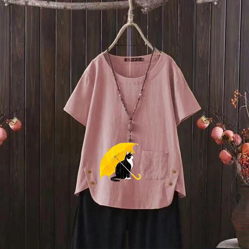 

Футболка из льна Cottagecore, женская летняя графическая рубашка, винтажный цветочный принт, круглый вырез горловины, S-4XL 4XL розовый